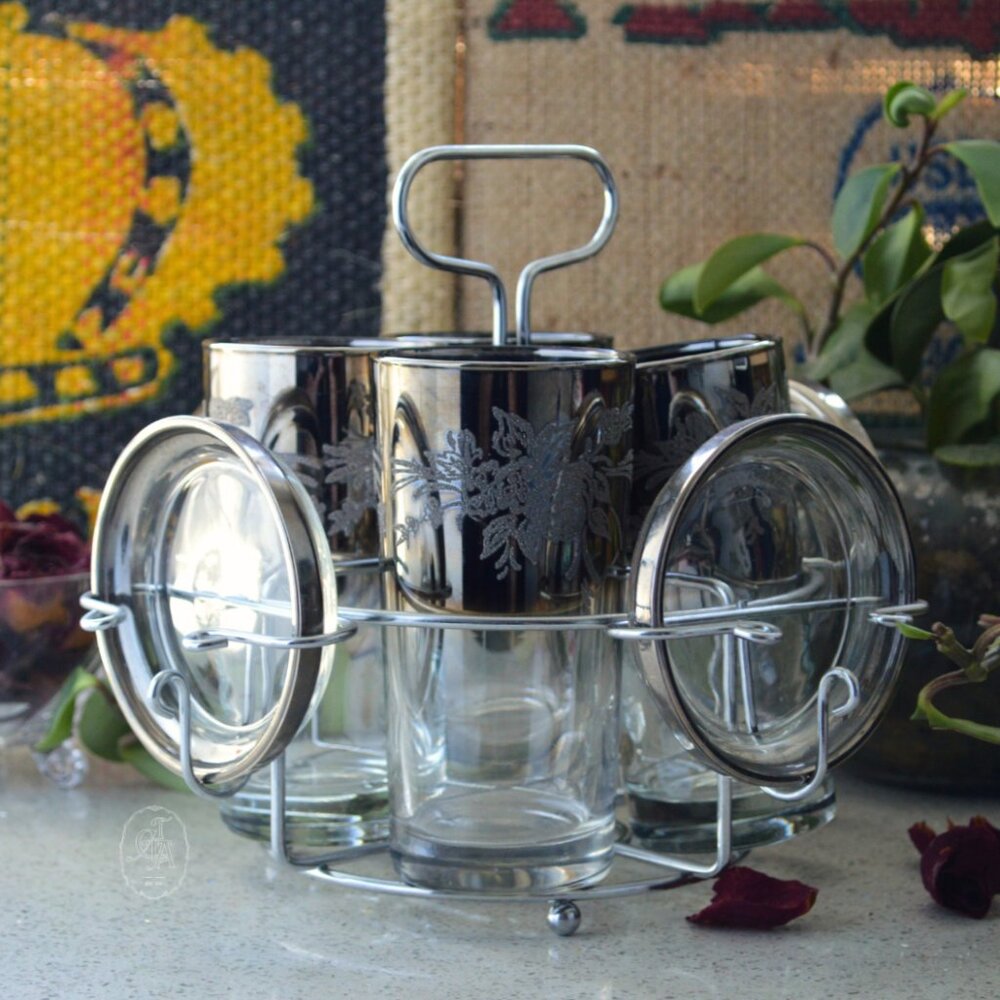 MCM Dorothy Thorpe "Silver Rose Fade" Highball Glass Caddy Set with Coasters